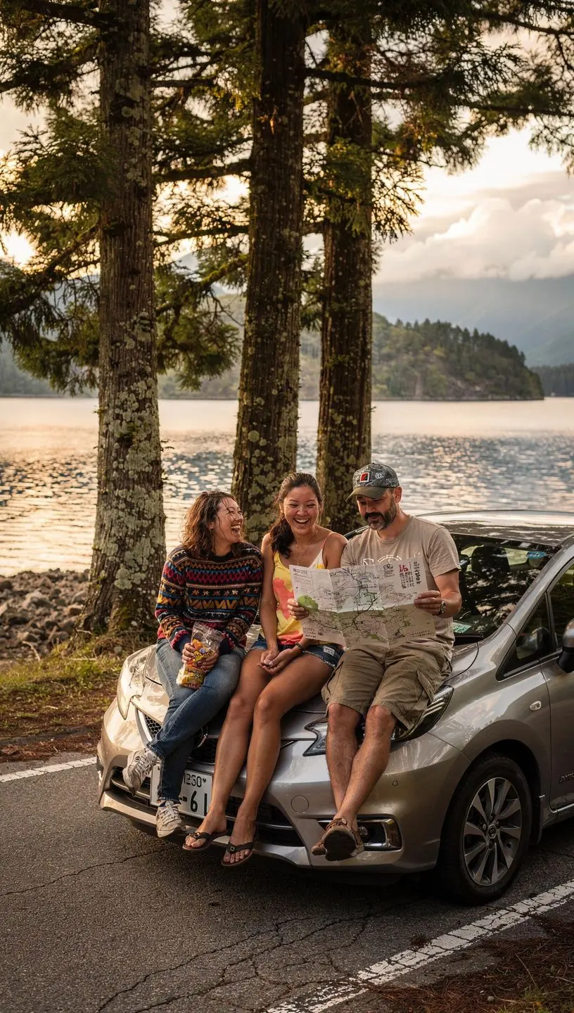 レンタカーを利用して観光を楽しむ家族。